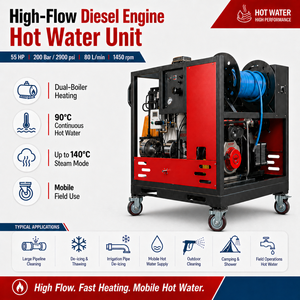 Hidrolavadora de 55 HP, 200 bar, 2900 psi, 80 L/min con Motor Diésel Independiente para Minería en Sitios Remotos, Limpieza de Equipos y Dragado de Alcantarillado - Product Image 1
