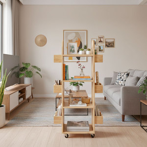 Modern 4-Tier Mobile Bookshelf KS68197 Rubberwood 50x35x120cm for Living Room Office Kids Room Bedroom - Product Image 3