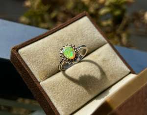 Women's 925 Sterling <b>Silver</b> Cocktail <b>Ring</b> with Round Brilliant Cut Diamond and Prong Set <b>Opal</b> Rhodium Plated Minimalist Design - Product Image 6