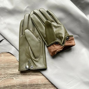 Gants en cuir véritable pour homme, élégants, verts, chauds, en peau de mouton, pour l'hiver, fermeture à pression au poignet - Product Image 6