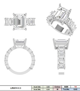 Bague de fiançailles et de mariage en or 14 carats avec diamant CVD de laboratoire taille émeraude 8,60 carats, type F, plaqué rhodium, 13 diamants, certifiée IGI - Product Image 6