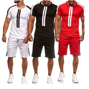 Chándal deportivo de verano de manga corta de alta calidad para hombre, conjuntos de gemelos, camiseta tejida con patrón sólido transpirable y pantalones cortos - Product Image 4