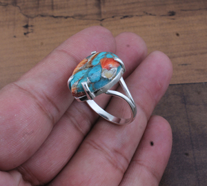 Anillo Bohemio Hecho a Mano de Plata de Ley 925 con Piedras Multicolores, Turquesa, Ostra Espinosa, Gema en Forma de Lágrima - Product Image 3