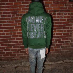 Sweat à capuche pour homme 100 % coton, motif uni, style zippé, logo personnalisable, strass, hiver, teinture unie, haute qualité - Product Image 4