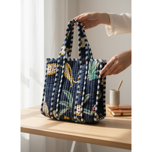 <b>Navy</b> Blue Jungle Print Cotton Bento Lunch <b>Bag</b> Waterproof Zipper Picnic Cooler - Product Image 4
