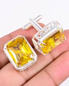 Boutons de manchette en saphir jaune octogonal, boutons de manchette en pierre précieuse taille radiant, argent poli, cadeau de marié, boutons de manchette de luxe pour hommes - Product Image 1