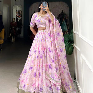 Premium Light Baby <b>Pink</b> Tabby Silk Lehenga Choli with Floral Print With <b>Lace</b> Touch Up Dupatta for Parties and Weddings - Product Image 1