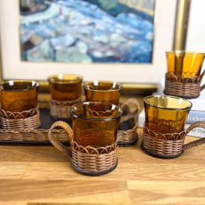 French Rattan and Wicker Tea Set with Amber Glass 1970s Retro Serving Set - Product Image 2
