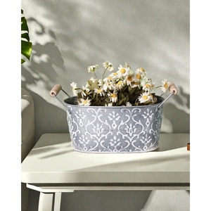 Engraving Design Oval Shape Galvanized Metal Flower <b>Planters</b> With <b>Wood</b> Handles <b>for</b> Home & <b>Garden</b> Decorative <b>Planters</b> - Product Image 1