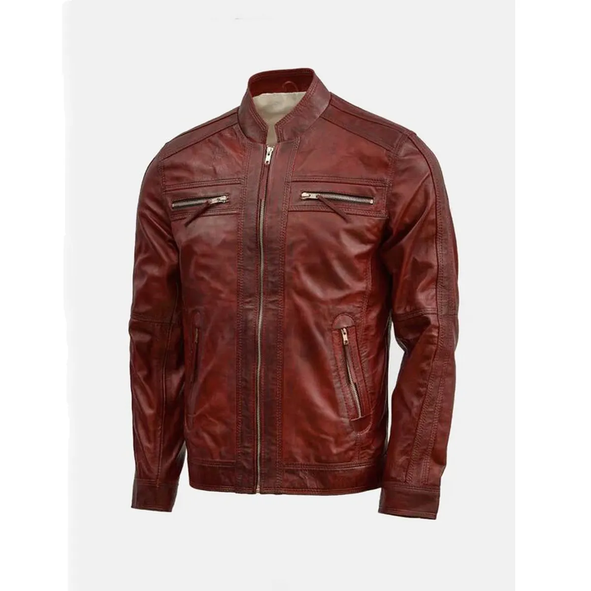 Intage-chaqueta de cuero con mangas completas para hombre, chaqueta ajustada con bolsillos delanteros y cremallera para carreras de motocicletas, color Burdeos