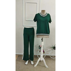 Ensemble deux pièces pour femme, chemisier à manches courtes et col en V en viscose à deux fils et pantalon, 36668 - Vert - Product Image 4