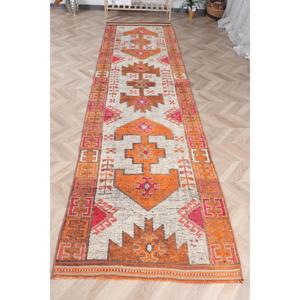 Alfombra Turca Vintage de 0.3x11.8 pies, Alfombra de Pasillo, Alfombra con Estampado Animal Herki Naranja - Product Image 1