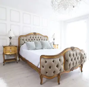 Estructura de cama tapizada francesa en marcos de cama de madera dorada estilo europeo para muebles de dormitorio