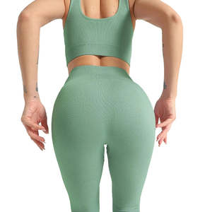 Logo personnalisé pour femmes voir vert 2 pièces Yoga ensemble solide motif Fitness Gym vêtements de sport en gros entraînement mode vêtements Yoga ensembles - Product Image 5