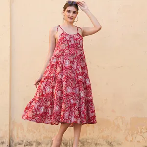 Indian Hand Block Print Cotton Long Dress Midi Sleeveless Hand block Red Color Floral Printed Long Gown Party Wear Dress