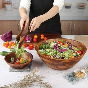 Juego de cuencos para servir de madera maciza de primera calidad en diseño antiguo con acabado natural perfecto para ensalada de frutas y comedor de mesa - Product Image 4
