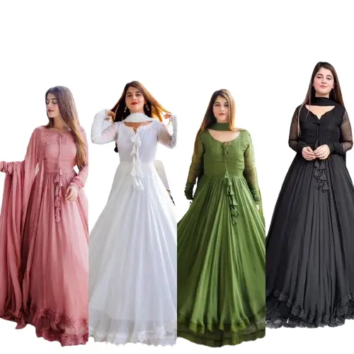 Designer Hochzeit Kleidung schwere Stickerei Sequenzarbeit vollständig genäht langes Kleid mit Fälschung Georgette Spitzen-Schnitt Dupatta für Damen