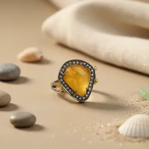 Anillos de lujo para mujer, chapados en oro de 18 quilates, con piedras de ágata en forma de gota de agua, engaste de garras, joyería fina de la India (Rajasthan) - Product Image 3