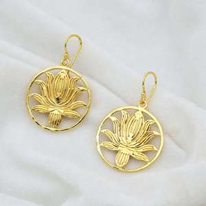 Trendy Lotus Flower <b>Dangle</b> <b>Earring</b> 18k <b>Gold</b> Plated Brass Flower <b>Dangle</b> <b>Earring</b> Vintage Ethnic Wholesale Drop <b>Earring</b> For Women - Product Image 5