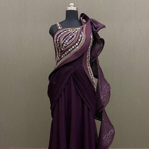 Mooie Boetiekstijl Nieuwe Fancy Party Wear Faux Georgette Cording Sequence Werk En Sequence Ruffle Lehenga Saree Cum Western - Product Image 1