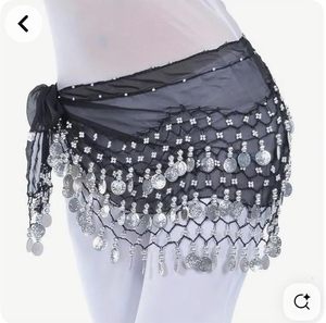 Egyptian <b>Belly</b> Dance Hip Scarf-Handmade Black Chiffon <b>Wrap</b> Belt with Silver Coins (One Size In-Stock Adults) - Product Image 4