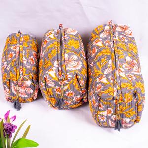 <b>Large</b> Block Printed Cotton Grey with Yellow Vintage Eco-Friendly Water Resistant Case Zipper Closure Travel Cosmetic <b>Bag</b> Pockets - Product Image 1