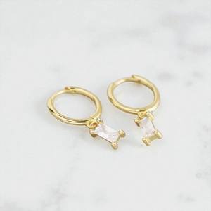 Pendientes colgantes de aro de piedras preciosas de cuarzo y cristal de Baguette pequeño de plata 925-aros de mujer de oro Vermeil - Product Image 1
