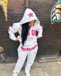 Conjuntos de 2 piezas con logotipo personalizado para mujer, Sudadera con capucha de salón, sudadera de gran tamaño, pantalones de chándal holgados de moda de otoño con bolsillos - Product Image 3