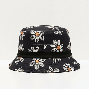 Chapeau Bob Unisexe Noir à Imprimé Marguerites en Coton, Casquette de Pêcheur Florale pour l'Été, Protection Solaire Extérieure, Tendance, Pliable, Plage - Product Image 1