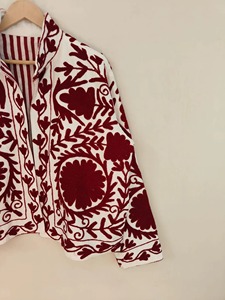 Veste à col mandarin brodée de fleurs, manches trois quarts, style bohème, vêtement d'extérieur en coton pour adultes, tenue de printemps - Product Image 3