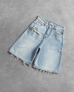 Pantalones cortos de mezclilla con agujeros rasgados de Hip Hop para hombre y mujer, pantalones cortos de trabajo holgados de lavado negro Y2K con borde crudo Vintage, informales con bolsillos - Product Image 2