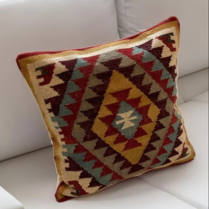 Modern <b>Square</b> Geometric Design Wool Kilim Handmade Eco-Friendly Customizable <b>Cushion</b> Cover Red Multi-Colour Home Use Woven - Product Image 1
