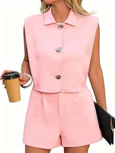 Conjunto de Blazer Largo sin Mangas Rosa para Mujer, con Botones al Frente y Pantalones Cortos a Juego, Estilo Casual, Primavera-Verano, Color Sólido, Dos Piezas, Ecológico - Product Image 1