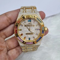 Montre analogique en or jaune avec diamants en moissanite, montre en moissanite glacée, mouvement de montre