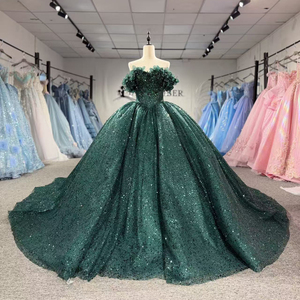 8528 Sparkly Green Sequined Puffy <b>Sweet</b> 15 Girls XV Anos Quinceanera Floor-Length Ball Gown <b>Party</b> Dress - Product Image 2