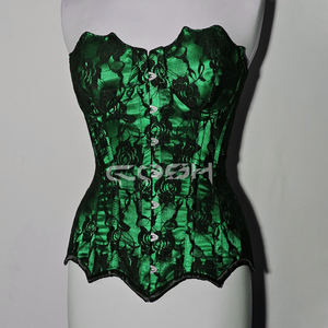 Top Corsé Sexy Verde Satinado con Diseño de Reloj de Arena y Malla Floral Negra para Fiestas Nocturnas con Cierre Frontal - Product Image 1