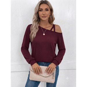 Blusa de viscosa de dos hilos con detalle de tiras cruzadas en un solo hombro y manga larga para mujer, 38628 - Bordo - Product Image 2