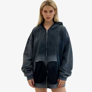 Women's Acid Wash Hoodie Custom Oversized <b>Zip</b> up Vintage Washed Sun Fade Solid <b>Hooded</b> French Terry Streetwear Style - Product Image 4