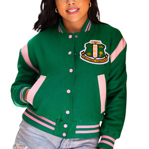 Veste universitaire de style Ivy League, veste bomber verte et rose avec patch pour femmes, look de sororité, respirante avec OEM - Product Image 3