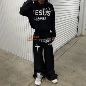 Venta caliente Unisex Hoodie Set 480 GSM algodón orgánico Fleece Oversized Hoodie Set Custom Streetwear Flayer Trouser - Product Image 3