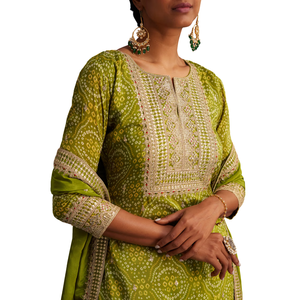 Conjunto Palazzo con estampado de bandhani de organza verde, venta al por mayor de Ropa Étnica para mujer, proveedor de fábrica OEM, ropa de Festival personalizada, atuendo de moda - Product Image 3