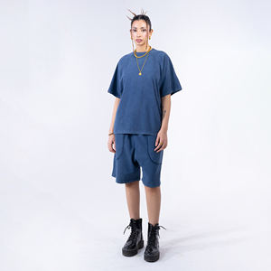 2024 personnalisé hommes été lavage à l'acide short de survêtement séchage rapide taille élastique poches bleu imprimé tissu éponge ensemble de t-shirts décontractés - Product Image 2