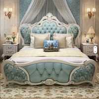 Ensemble de meubles de chambre à coucher de luxe en teck massif, style européen mi-siècle moderne, lit élégant personnalisé, 2 tables de chevet, cuir, pour hôtel