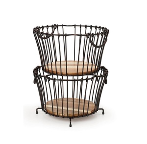 Cesta de fruta de hierro de doble capa con características artesanales y acabado antiguo para almacenamiento de estantes de cocina - Product Image 6