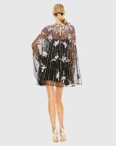 Motif floral élégant modeste Aline corps forme soirée genou longueur robe en organza perlé paillettes perles fête boule Cape-manches - Product Image 2