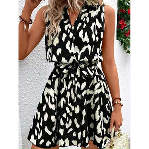 Robe courte à bretelles et col enroulé, ceinturée et à motifs pour femme, 36807 - Noir - Product Image 2