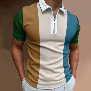 Polo a rayas de Color sólido para hombre, Polo de manga corta con cuello vuelto y cremallera para golf, ropa de calle informal para hombre, camisetas de verano - Product Image 3