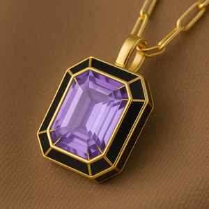 Unisex 925 Sterling Silver Radiant Cut Amethyst <b>Pendant</b> Fine Jewelry with Gold Plating Enamel Perfect Birthday Gift - Product Image 2