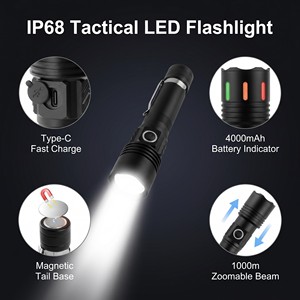 <span class=keywords><strong>Linterna</strong></span> Táctica LED con Zoom, Resistente al Agua IP65, 4000mAh, Recargable Tipo-C, Base Magnética de Aleación de Aluminio, Clip, 3 Modos, Emergencia - Product Image 4