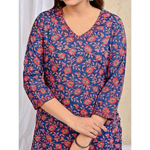 Blue Jaal Hand Drawn <b>Block</b> <b>Printed</b> Cotton Kurta Pant Set Heavy Mulmul Dupatta for Ethnic Party Wear Indian Style Long Length Net - Product Image 2